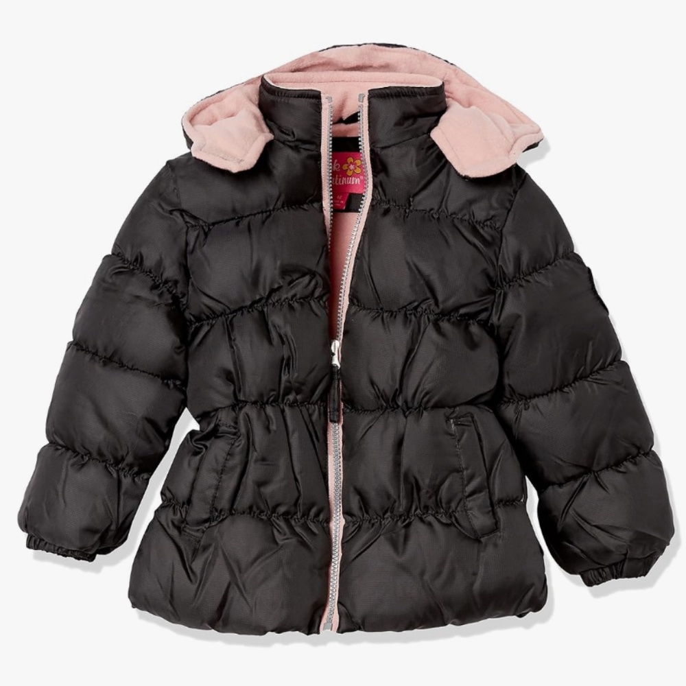 Pink Platinum 4T Hooded Puffer Jacket  - Black with Pink Fleece Lining